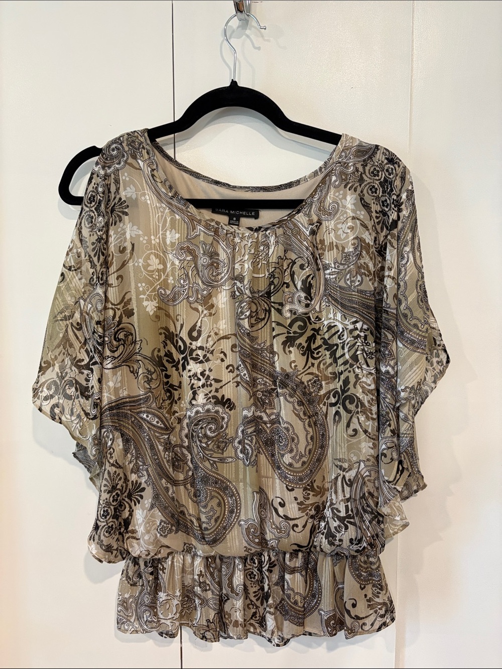 Sara Michelle Beige and Black Paisley Cold Shoulder Flutter-Sleeve Top